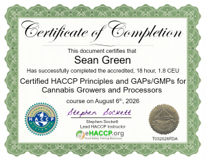HACCP certificate for Cannabis Growers