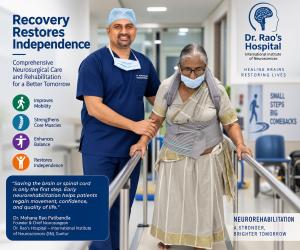 Dr. Mohana Rao Patibandla, Founder and Chief Neurosurgeon at Dr. Rao's Hospital – International Institute of Neurosciences (IIN), assisting an Indian female patient during early neurorehabilitation and walking recovery after spine surgery at the hospital