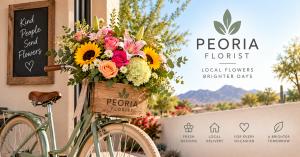 Peoria Florist promotional image featuring a vintage bicycle with a wooden basket overflowing with colorful flowers, desert mountain scenery, and messaging for fresh designs, local delivery, and flowers for every occasion.