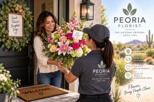 Peoria Florist delivery professional handing a colorful fresh flower arrangement to a smiling customer at a Peoria home, with Arizona desert scenery and messaging for same-day local delivery and special occasions.