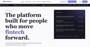 Finjobsly homepage showing live fintech job listings, salary intelligence, AI-powered career tools and a job search interface.