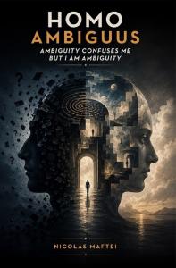 Book cover for Homo Ambiguus by Nicolas Maftei: two facing human profiles merging into a maze-like dreamscape.