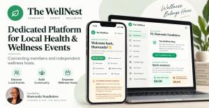 The WellNest wellness event platform showing member and host dashboards, local event discovery tools, and founder Shawanda Nnadiekwe.