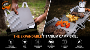 GrilTi EVER modular camp grill shown in use outdoors, with multiple grill units connected side by side for expanded cooking space.