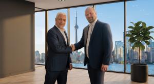 George Barakat, Founder & CEO of MedWorks, and Marko Kauppinen, Founder & CEO of Health4Travel, shaking hands following a partnership discussions in Toronto.