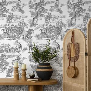 Toile Wallpaper Featuring Safari and Forest Animals in Black and White - E629 — ONDECOR black and white wallpaper collection