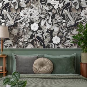 Botanical Wallpaper featuring Vintage Birds and Florals in Black and Greige - E619 — ONDECOR black and white wallpaper collection