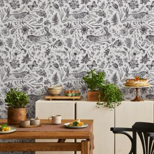 Botanical Wallpaper with Vintage Rabbits and Flowers in Black and White - E579 — ONDECOR black and white wallpaper collection