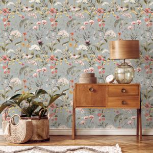 Botanical Wallpaper with a Vintage Wildflower Meadow in Blue, Pink, and Yellow - E607 — ONDECOR blue and yellow wallpaper collection