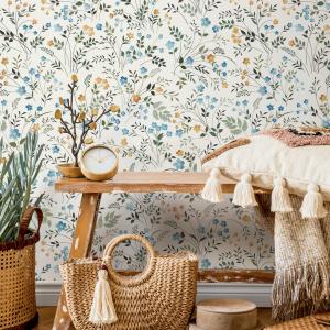 Floral Wallpaper Featuring a Meadow of Wildflowers in Blue, Yellow, and Green - E006 — ONDECOR blue and yellow wallpaper collection