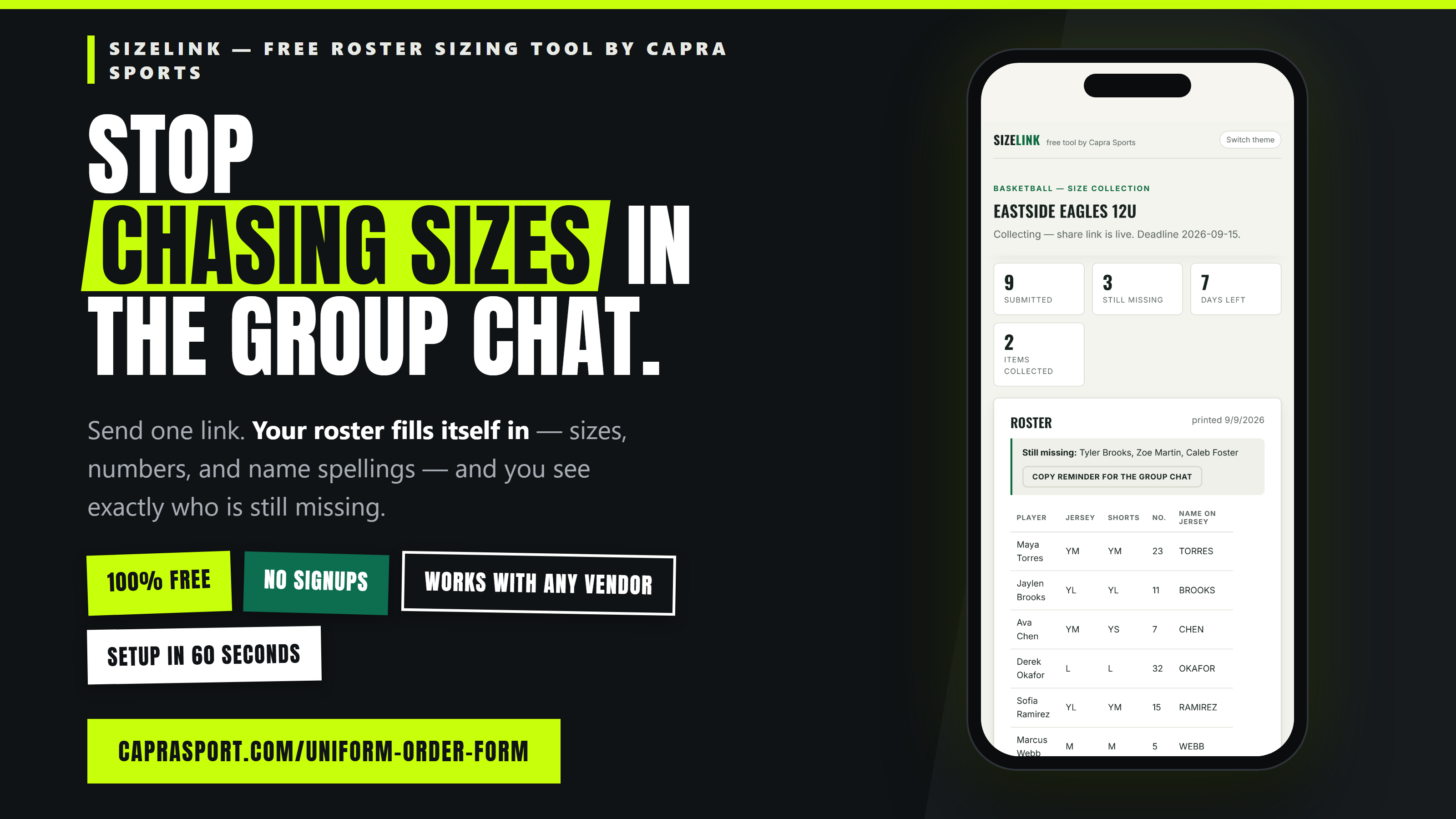 Capra Sports Launches SizeLink, a Free Online Team Uniform Order Form