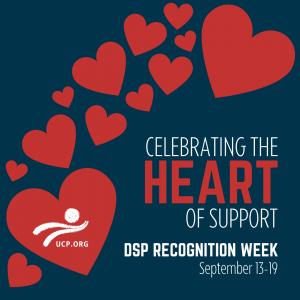 A navy blue graphic with red hearts for DSP Recognition Week with UCP's logo and website