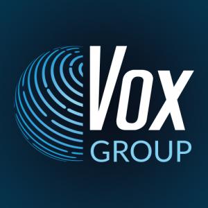 Vox Group logo: a blue globe made of fingerprint-style arcs beside the word 'Vox' in white and 'Group' in light blue, on a dark background.