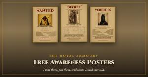 Three medieval-style cybersecurity awareness posters in a row: a WANTED notice for the phishing email, a DECREE on two-factor authentication, and VERDICTS on passwords. Caption: The Royal Armoury, Free Awareness Posters.