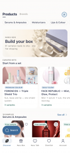 Naru Box app Discover screen showing curated Korean beauty sample sets and a Build your box banner