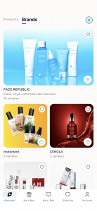 Naru Box app Brands tab listing verified Korean beauty brands including Face Republic, motomont and CENOLA