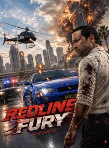Redline Fury AI action film poster with blue Nissan Skyline GT-R, police chase, helicopter, exploding city skyline, and Redline Fury title.