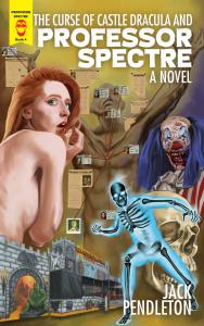 A hand painted paperback book cover depicting a true crime style murder board with newspaper clippings and Florida drivers licenses behind a frightened red haried, green eyed woman, a terrifying demonic clown, a glowing blue skeleton man, and a carnival d
