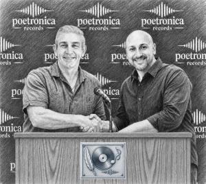 Poetronica Records founder Michael Teichberg shakes hands with poet Richard Blanco in front of a Poetronica Records backdrop.
