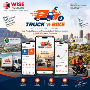 Truck'n Bike freight marketplace app showing customer booking, driver bidding, and admin panel screens developed by Wise Hustlers for the Zimbabwe logistics market