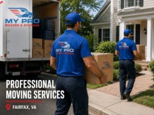 Two professional movers unloading boxes from a moving truck and carrying them into a residential home.