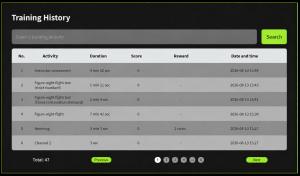 The training history brings together exercises, duration, scores and dates to support progress tracking