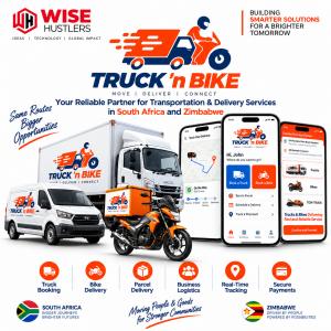 Truck'n Bike freight marketplace app showing customer booking, driver bidding, and admin panel screens developed by Wise Hustlers for the Zimbabwe logistics market