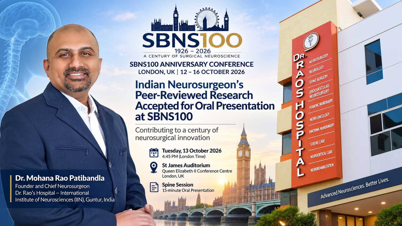 SBNS100 London 2026: Dr. Mohana Rao Patibandla’s Peer-Reviewed Neurosurgery Research Takes the Global Stage