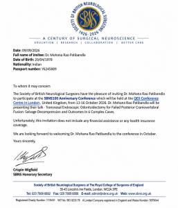 Official invitation letter from the Society of British Neurological Surgeons confirming Dr. Mohana Rao Patibandla's peer-reviewed oral scientific presentation at the SBNS100 Anniversary Conference in London, United Kingdom.