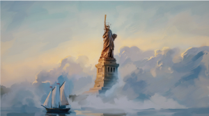 A Statue for Liberty VR experience featuring the statue towering above dramatic clouds