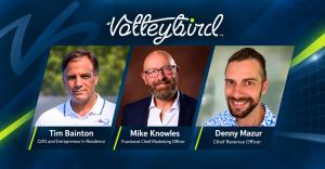 Headshots of Tim Bainton, Mike Knowles and Denny Mazur with the Volleybird logo, announcing their appointments as COO, CMO and CRO of Volleybird.