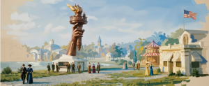 VR rendering of statue of liberty hand among the banks of a city with flags, buildings, and people walking