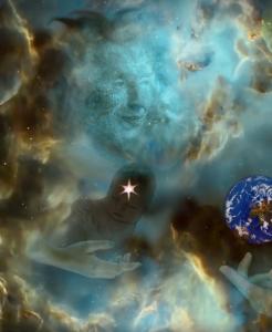 A Cosmic Goddess and the Child she holds hover among nebulae and the Earth