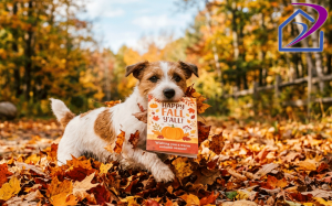 Happy Puppy in Fall Leaves, carrying a Happy Fall greeting card