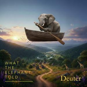 an elephant floats through the air in a rowboat in a whimsical graphic