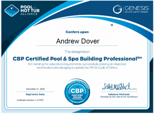 PHTA Certified Pool & Spa Building Professional (CBP) certificate awarded to Andrew Dover
