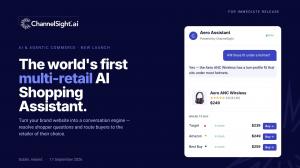 ChannelSight, the eCommerce platform that helps the world's biggest brands convert consumer interest into purchases, today launched AI Shopping Assistant, a conversational commerce solution that combines product guidance, multi-retailer availability and sales measurement in a single interface ChannelSight announcement banner on navy: headline 'The world's first multi-retail AI Shopping Assistant,' beside a live assistant card recommending Aero ANC Wireless headphones with retailer pricing