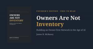 Cover of Owners Are Not Inventory beside the book's title on a dark navy background, with the subtitle 