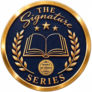 The Signature Series emblem, featuring an elegant gold and navy design that symbolizes prestige and literacy excellence for the Books by Jay Abiona publishing brand for those who would like to publish a book.