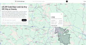 US ZIP Code Map interface showing ZIP code boundaries.