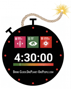 A clock face that looks like a bomb with a digital countdown timer and the three SDG:  10: Inequalities, 13: Climate & our new additional:  18: AI Education & Governance