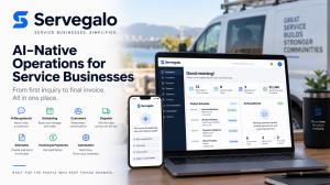 Servegalo today announced the launch of its AI-native business operations platform, designed to help service companies automate administrative work while keeping owners and employees focused on serving customers Servegalo AI-native operations platform shown on laptop and mobile, featuring AI receptionist, scheduling, dispatch, CRM, estimates, invoicing and payments.