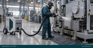 Technician directing a dry ice nozzle at industrial machinery beside a mobile blasting unit.