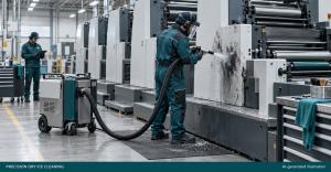 Technician cleaning a printing press frame while another worker reviews a tablet.