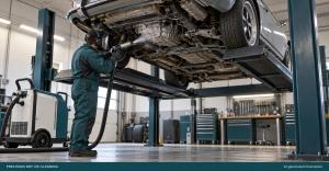 Technician cleaning the underside of a car raised on a workshop service lift.