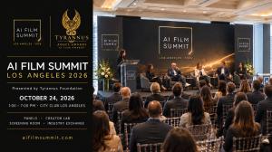 Black-and-gold banner with a panel-event rendering, advertising AI Film Summit Los Angeles on October 24, 2026, from 1–7 p.m.