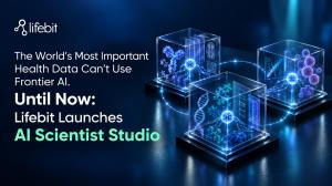 Lifebit AI Scientist Studio launch graphic showing three connected glass enclosures containing biomedical data, illustrating AI operating within secure research environments.