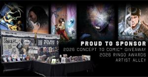 Metal Ninja Studios’ expanded Baltimore Comic-Con booth beneath a montage of comic artwork. The graphic announces sponsorship of the 2026 Concept to Comic giveaway, the 2026 Ringo Awards, and Artist Alley.