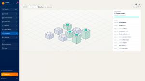 ELECTE Map Server showing an AI workflow as connected 3D blocks, alongside a timestamped event log confirming completion and report delivery.
