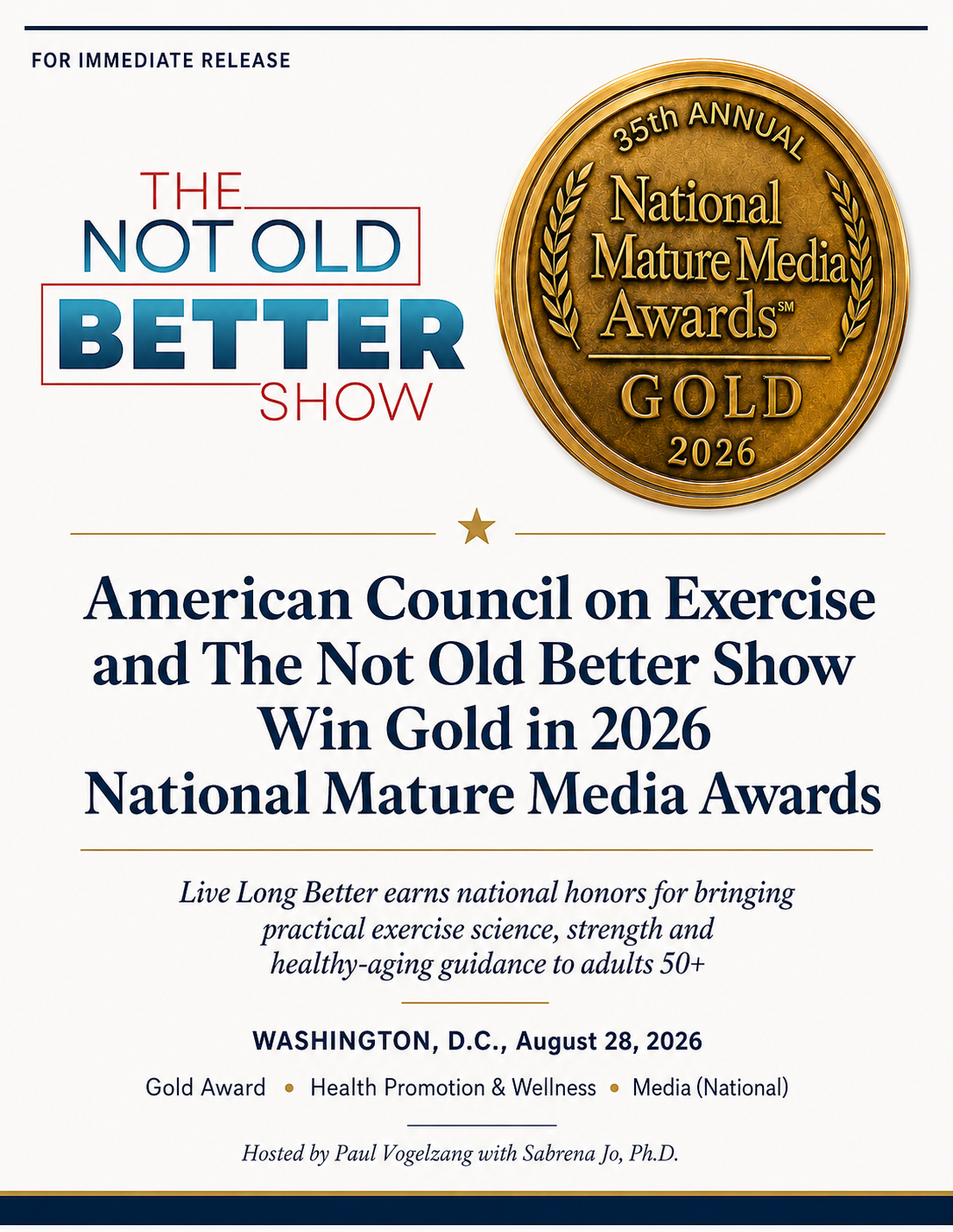 American Council on Exercise and The Not Old Better Show Win Gold in 2026 National Mature Media Awards